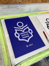Load image into Gallery viewer, P+C's x BCT LIBRARIES protest screenprint, A3 cobalt