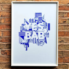 Load image into Gallery viewer, YES BAB A1 Screenprint - Framed, white / cobalt