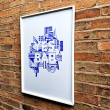 Load image into Gallery viewer, YES BAB A1 Screenprint - Framed, white / cobalt